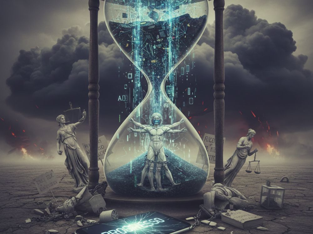 generata gemini, clessidra, uomo di vitruvio all'interno, fuori i valori che crollano, progresso scritto su un telefono